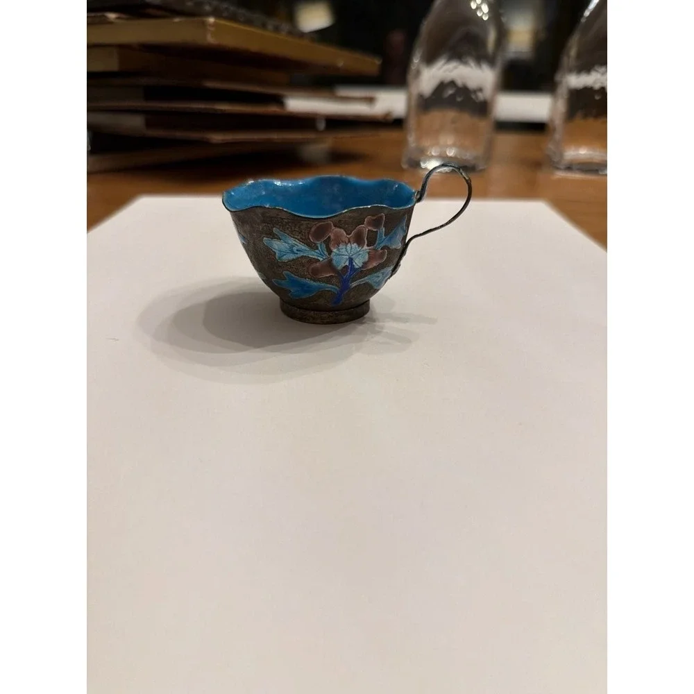 Antique Chinese Export Enameled Copper Miniature Tea Cup Floral Design